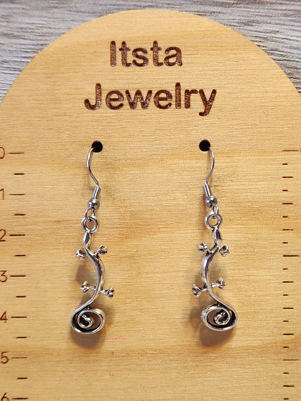 Gecko Tibetan Silver Charms on Stainless Steel French Earwires A15 - Picture 3 of 3